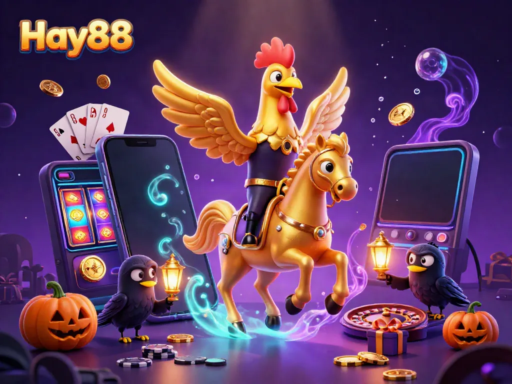 Engage in thrilling gameplay at Hay88 with vibrant casino elements and cartoon characters in a magical scene.