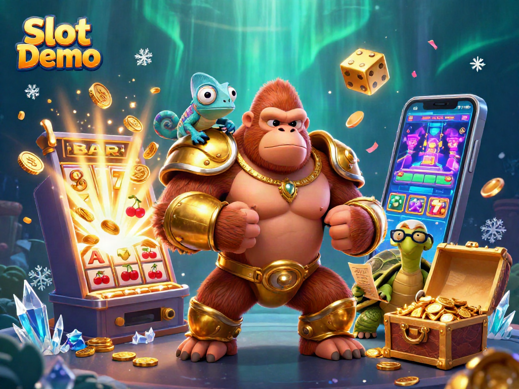 Spin to win in the exciting Slot Demo, featuring a gorilla king amidst cascading jackpot coins and vibrant colors.