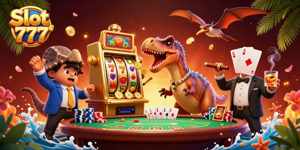Slot 777 menampilkan dinosaurus yang berinteraksi dengan mesin slot emas, memicu koin jackpot.
