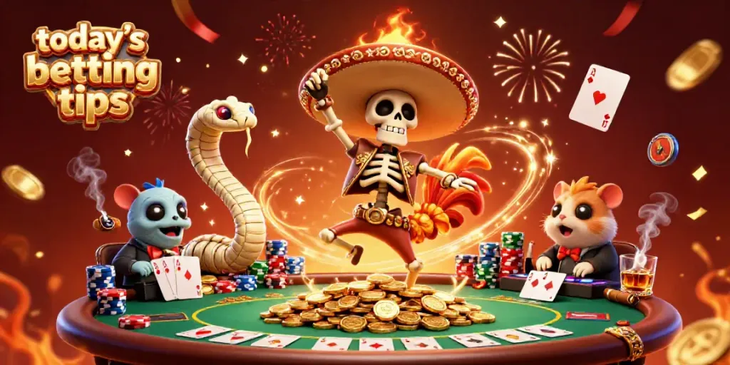 Today's betting tips illustrated with a jubilant skeleton mariachi rooster and casino elements in a vibrant setting.