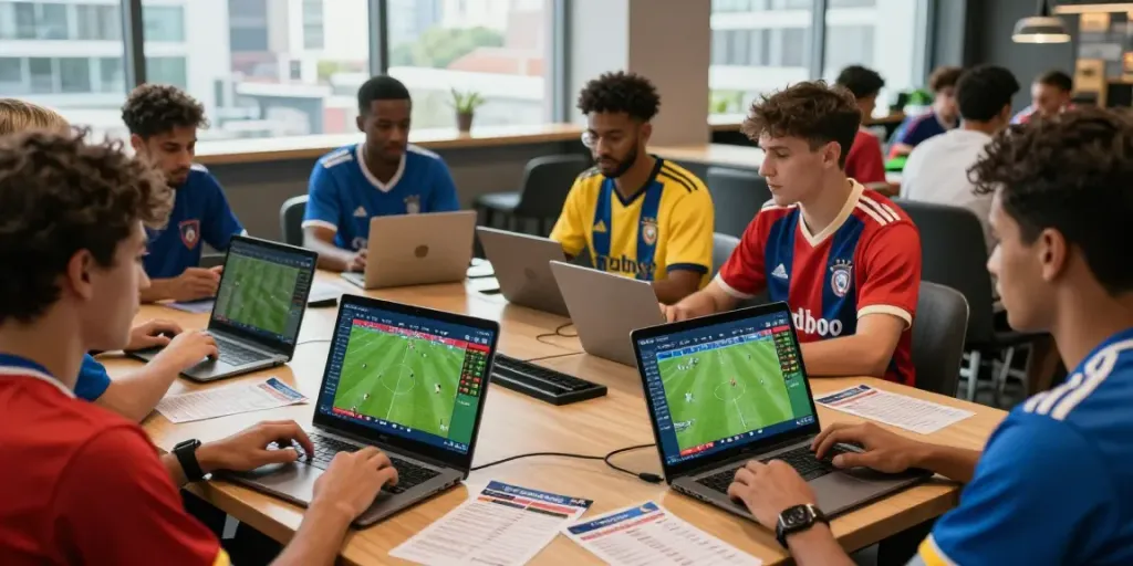 Excited bettors engaging with WWBOLA sports betting platform in a modern lounge.