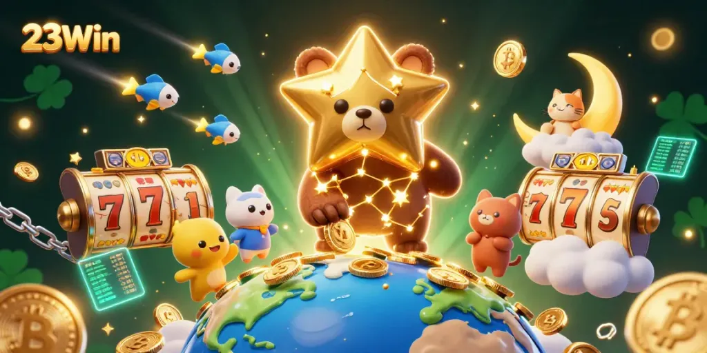 Spin big wins at 23Win with jackpots and vibrant casino elements in a lively digital scene