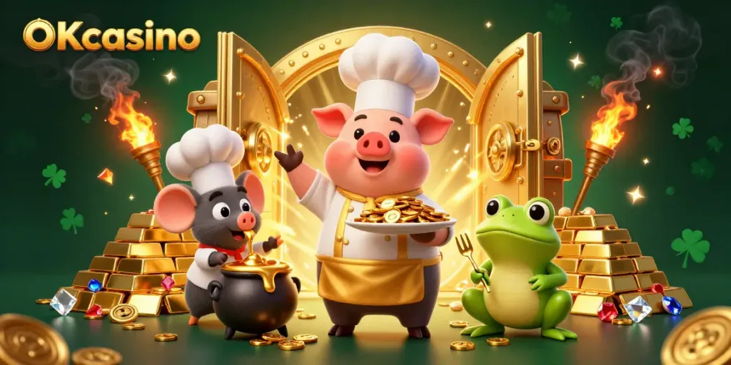 เล่นเกม OKcasino กับสัญลักษณ์คาสิโนที่ประกอบด้วยทองคำและความสนุกสนาน