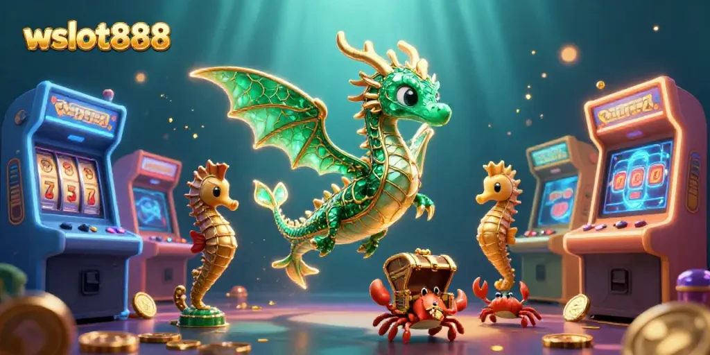 Raih jackpot dengan wslot888 di ilustrasi kasino 3D penuh warna dan detail khusus.