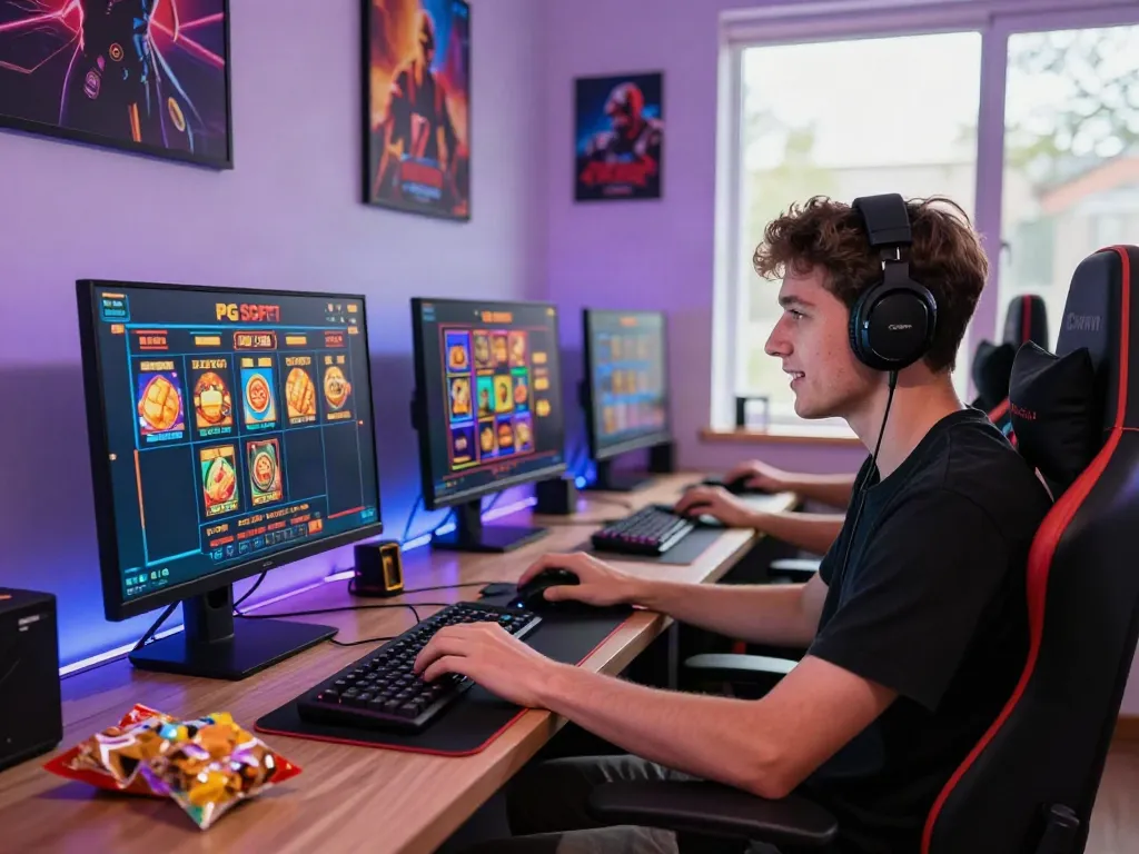 Online player enjoying slot thailand games in a vibrant gaming room filled with excitement.