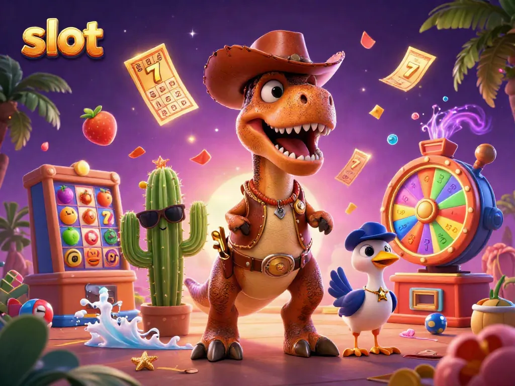 Engage with electrifying slot adventure featuring a T-Rex and colorful icons in a vibrant casino scene.