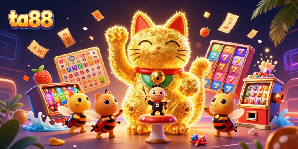 Engage with ta88 in a dynamic 3D casino scene filled with colorful slot elements and a lucky cat.
