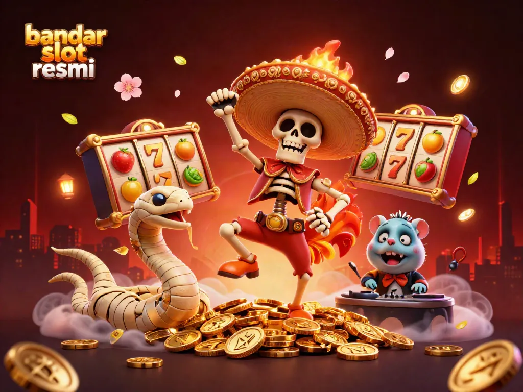 Bandar slot resmi menampilkan karakter kartun 3D dalam suasana meriah dengan simbol slot dan koin emas.