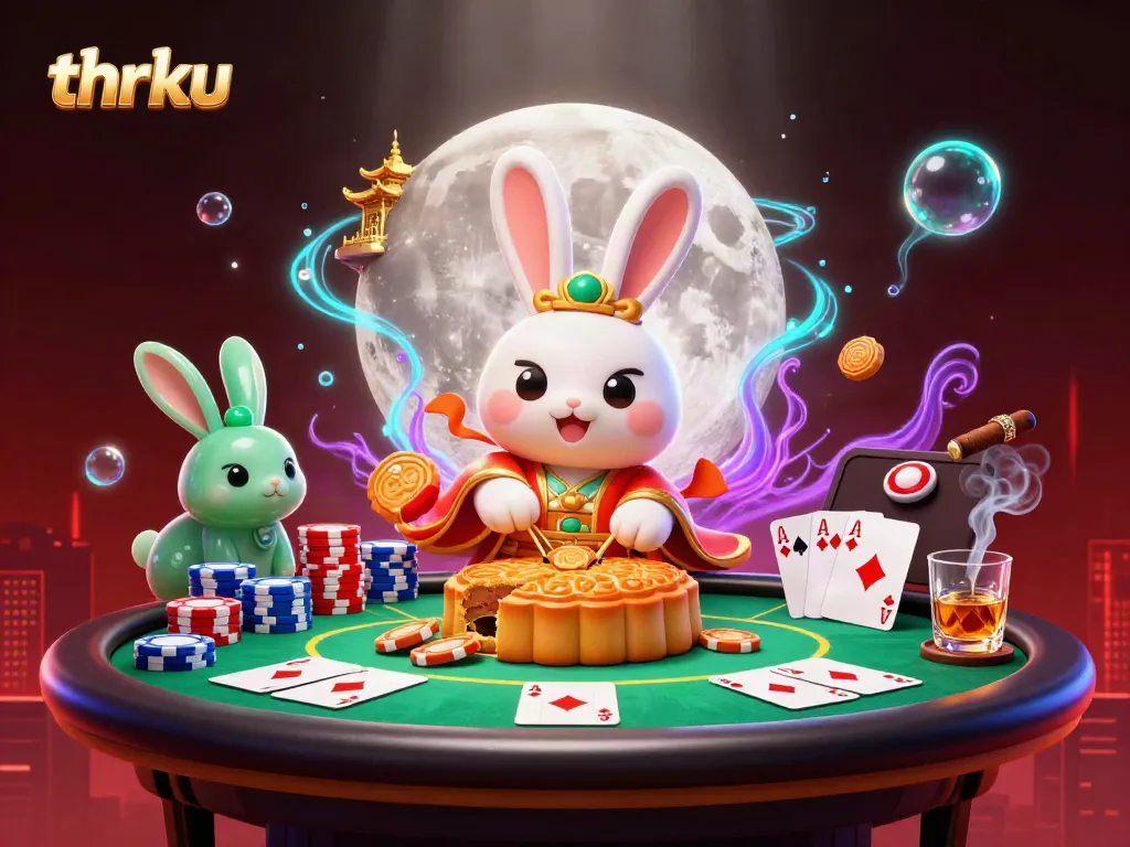 Engaging 3D moon rabbit illustration showing thrku themed casino elements with vibrant poker chips and mystical ambiance