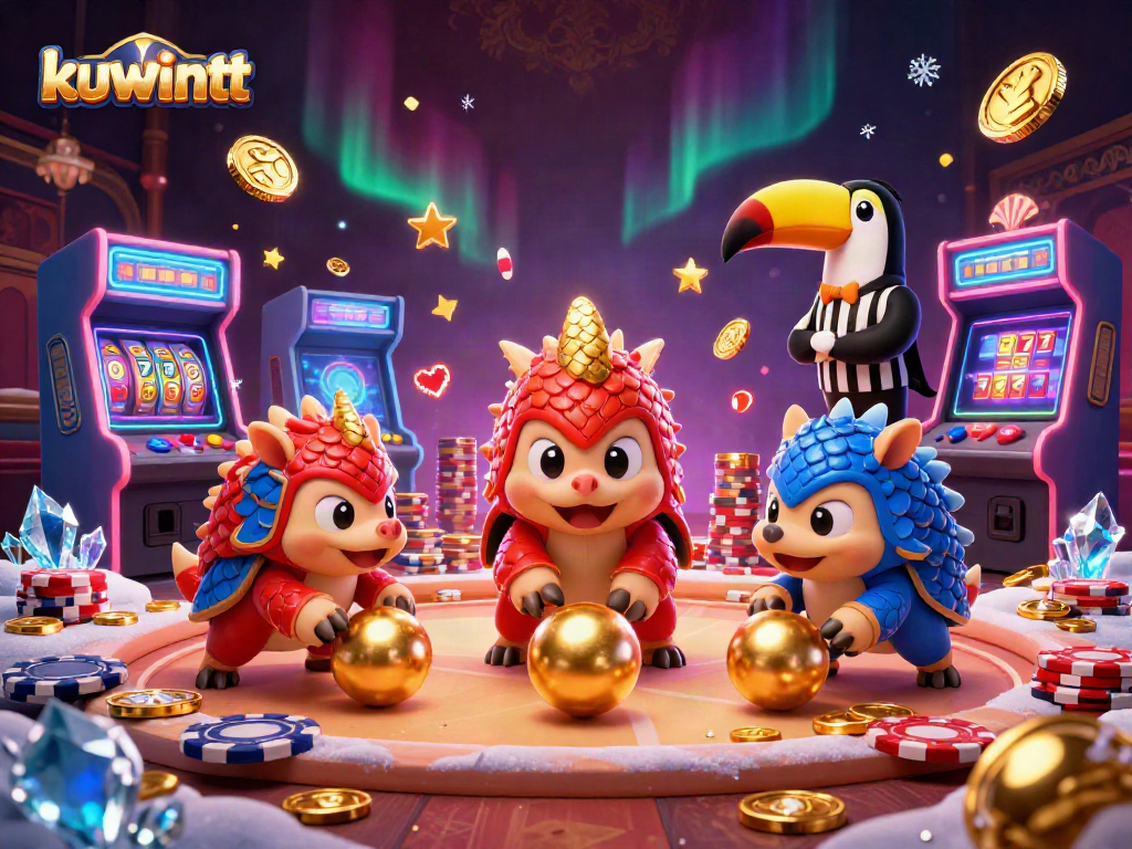 Kuwintt pangolins compete in a casino-themed arcade, surrounded by vibrant game elements.