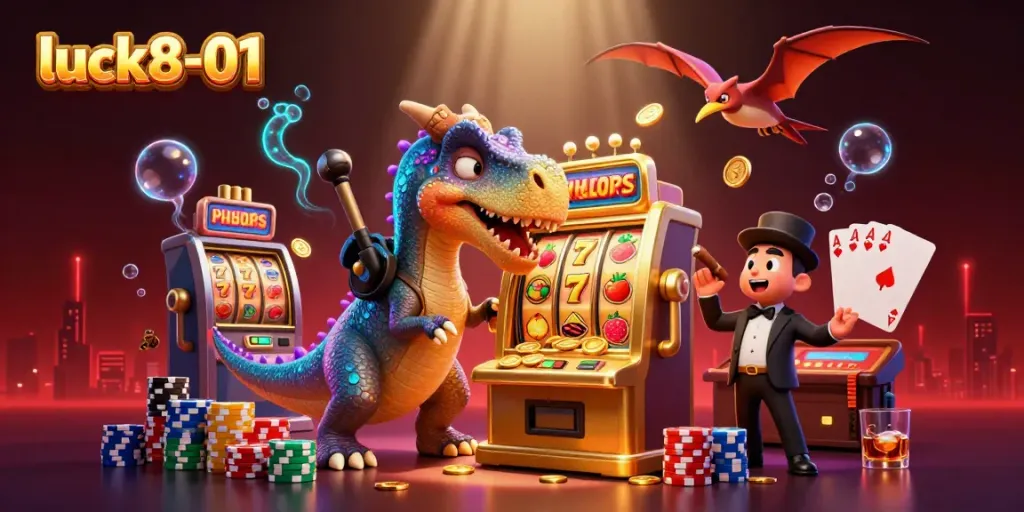 Experience excitement at luck8-01 with a pachycephalosaurus headbutting a slot machine, surrounded by vibrant casino elements.