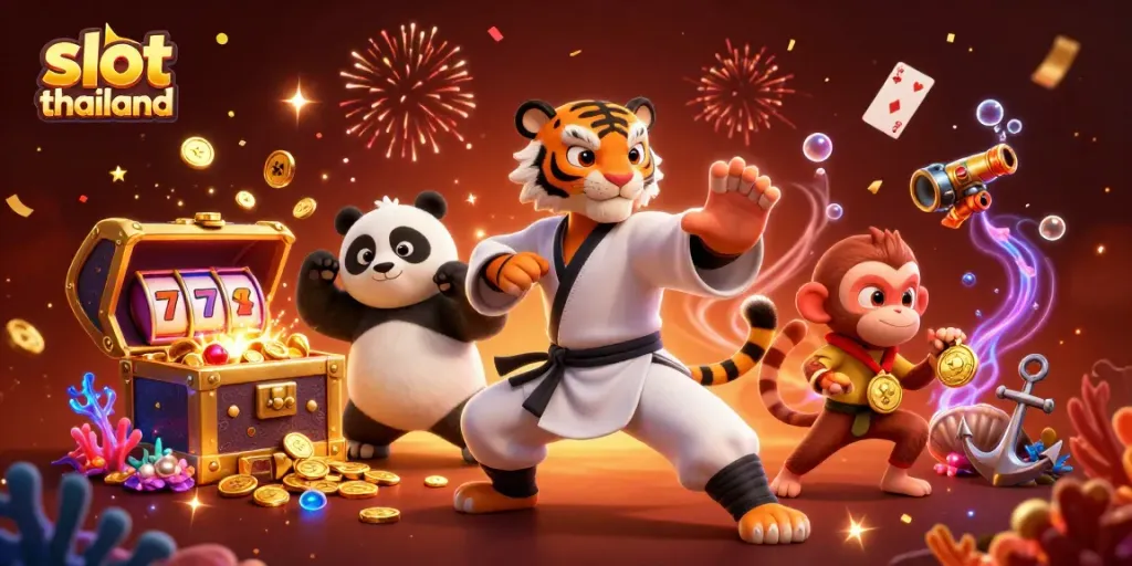 Engage with slot thailand as the kung fu tiger master practices martial arts amidst exploding slot machine elements.