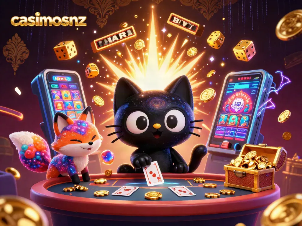 Experience dynamic gameplay with casinosnz as the cartoon cat collects chips in a cosmic casino.