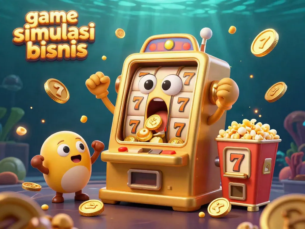 Mesin slot merayakan jackpot dalam game simulasi bisnis sambil mengeluarkan koin serta dikelilingi mesin slot kecil.