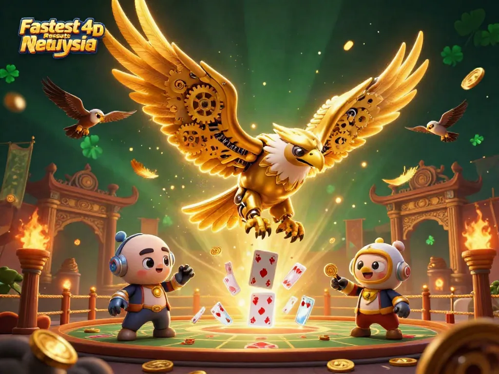 Experience Fastest 4D Results Malaysia with an action-packed illustration featuring a cybernetic golden eagle amidst casino excitement.