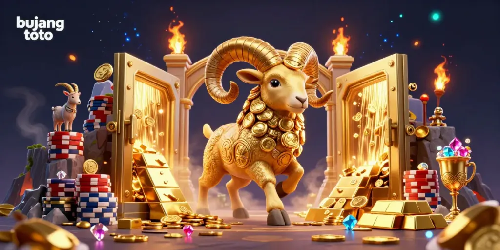 Experience the excitement of bujang toto with a dynamic 3D scene featuring golden treasures and lively casino elements.