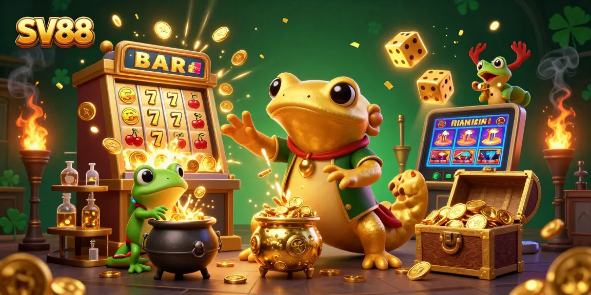 Join the excitement at SV88 with a golden salamander alchemist amidst casino thrills and treasures.
