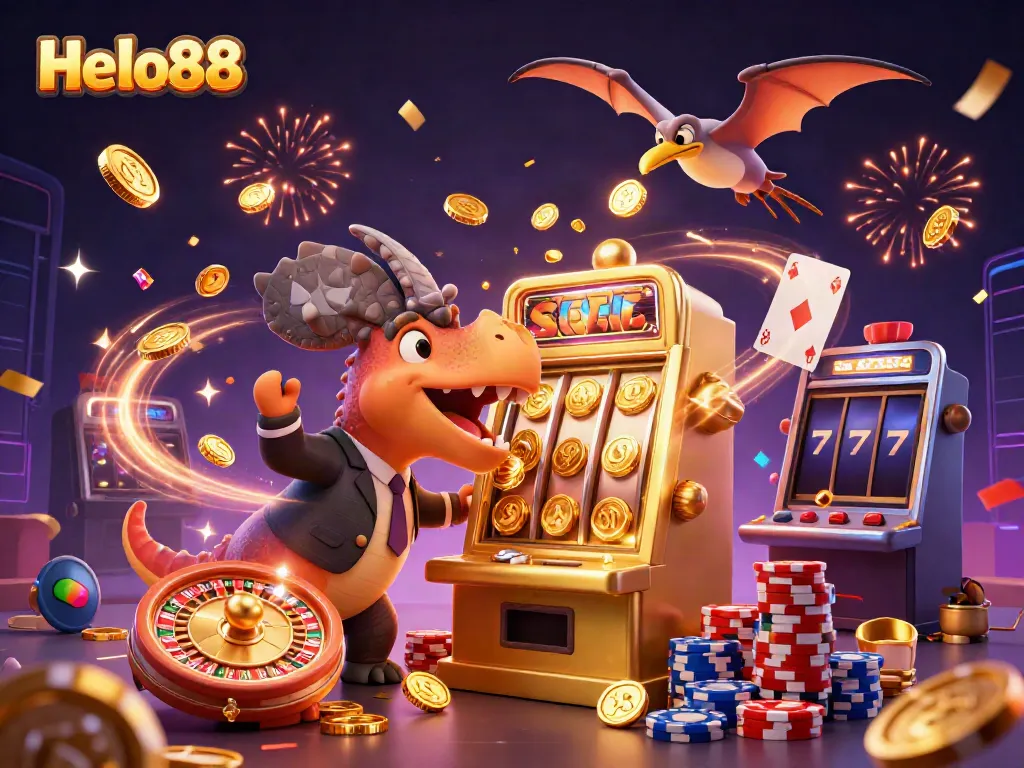 Helo88 jackpot celebration featuring a dinosaur-themed casino scene with golden coins cascading around.