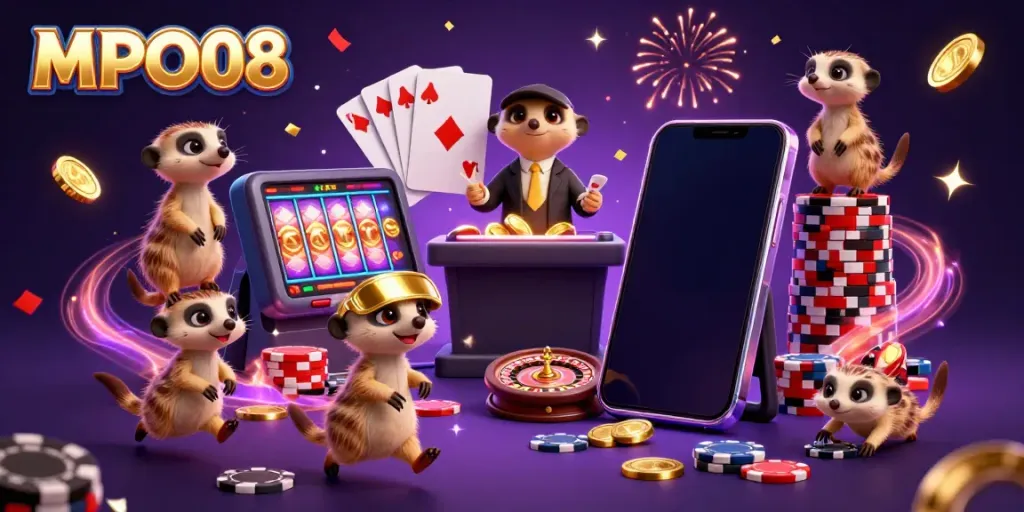 Engaging meerkat colony at MPO08 casino games, featuring colorful slots and festive atmosphere.