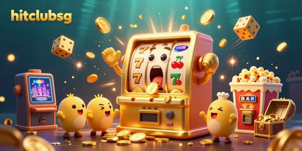 Jackpot celebration scene at hitclubsg, featuring a golden slot machine and festive casino elements.