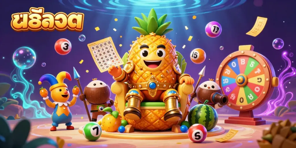 Engage in exciting สล็อต action with a unique golden pineapple king surrounded by dynamic gambling elements.