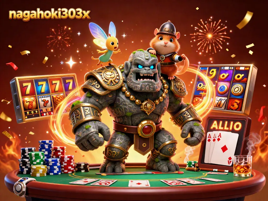 Goreng slot jackpot di NAGAHOKI303 dengan golem penjaga dan teman peri yang berkilau.