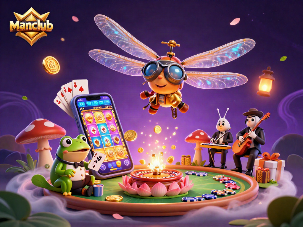 Join the excitement with manclub as the frog croupier deals cards at a lily pad casino.