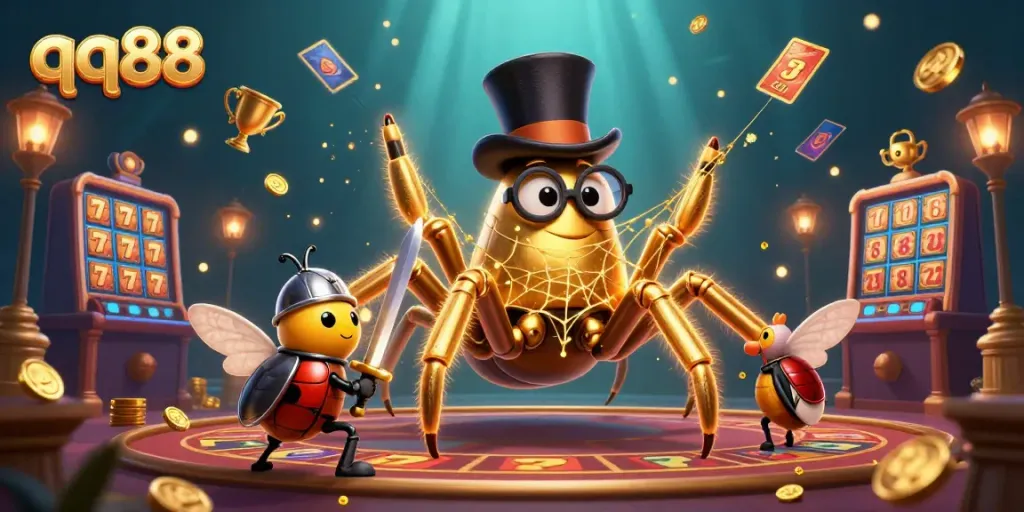 Bet on qq88 as a giant golden tarantula weaves golden webs between casino pillars in an exciting scene.