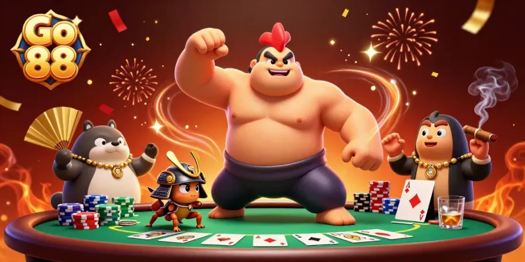 Engage with Go 88's dynamic casino scene featuring a powerful sumo wrestler rooster with poker elements.