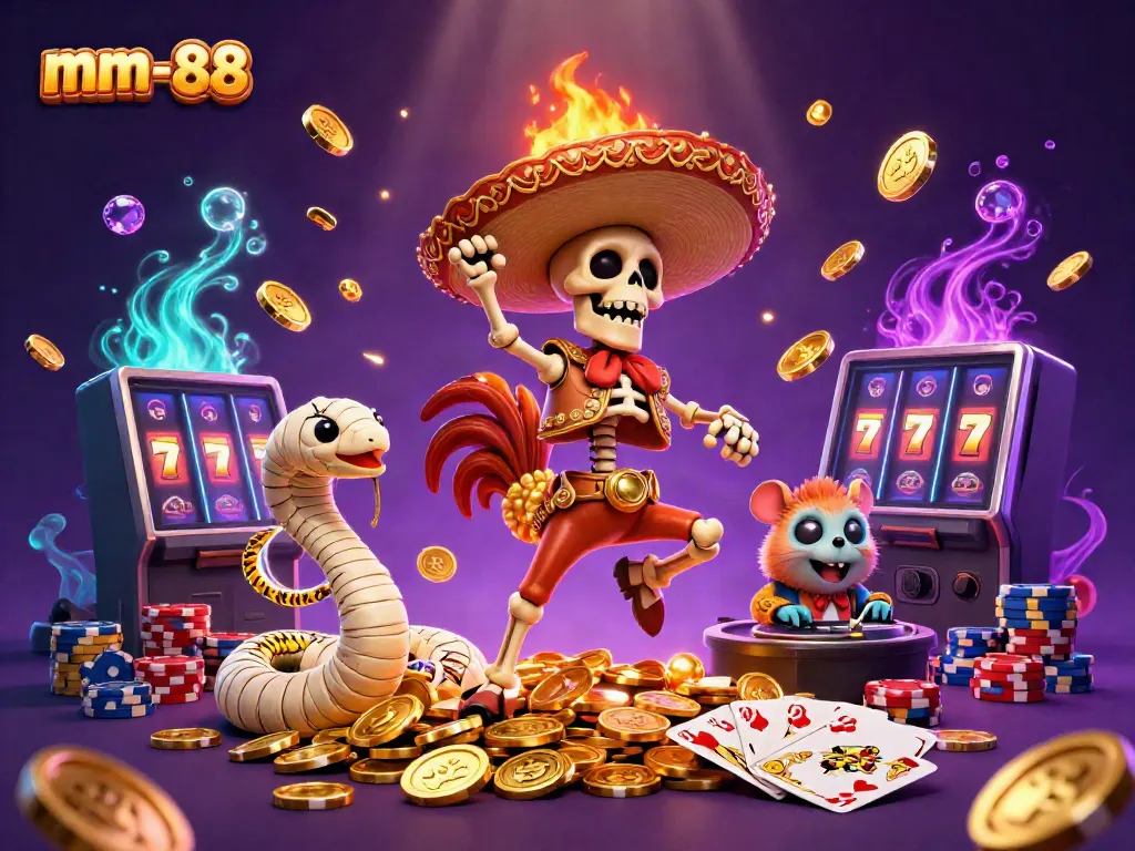 Experience thrilling gameplay at mm-88 with a vibrant cartoon scene celebrating casino victories.