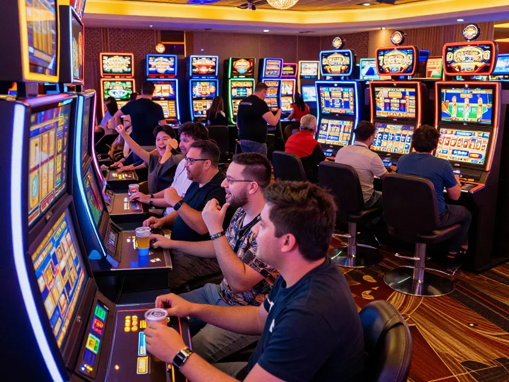 Spieler im Hotslots Casino genießen aufregende Spielautomaten und feiern Gewinne in einer lebhaften Atmosphäre.