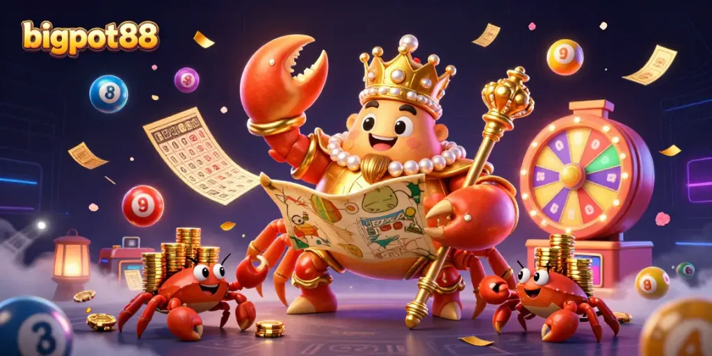 Experience the excitement of bigpot88 with a dynamic scene of a golden crab emperor amidst vibrant gambling elements.