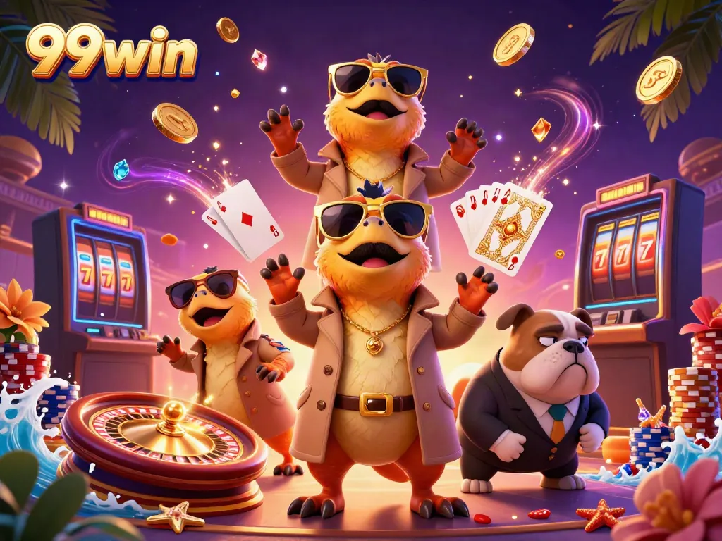 Experience casino fun with 99win as three raptors and a bulldog bouncer interact amidst golden coins and vibrant casino elements.