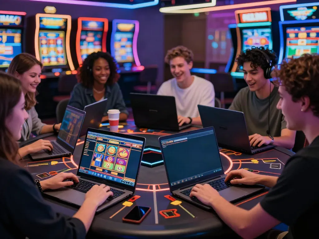 Players enjoying a thrilling gaming session at QQMacan in a vibrant digital casino.
