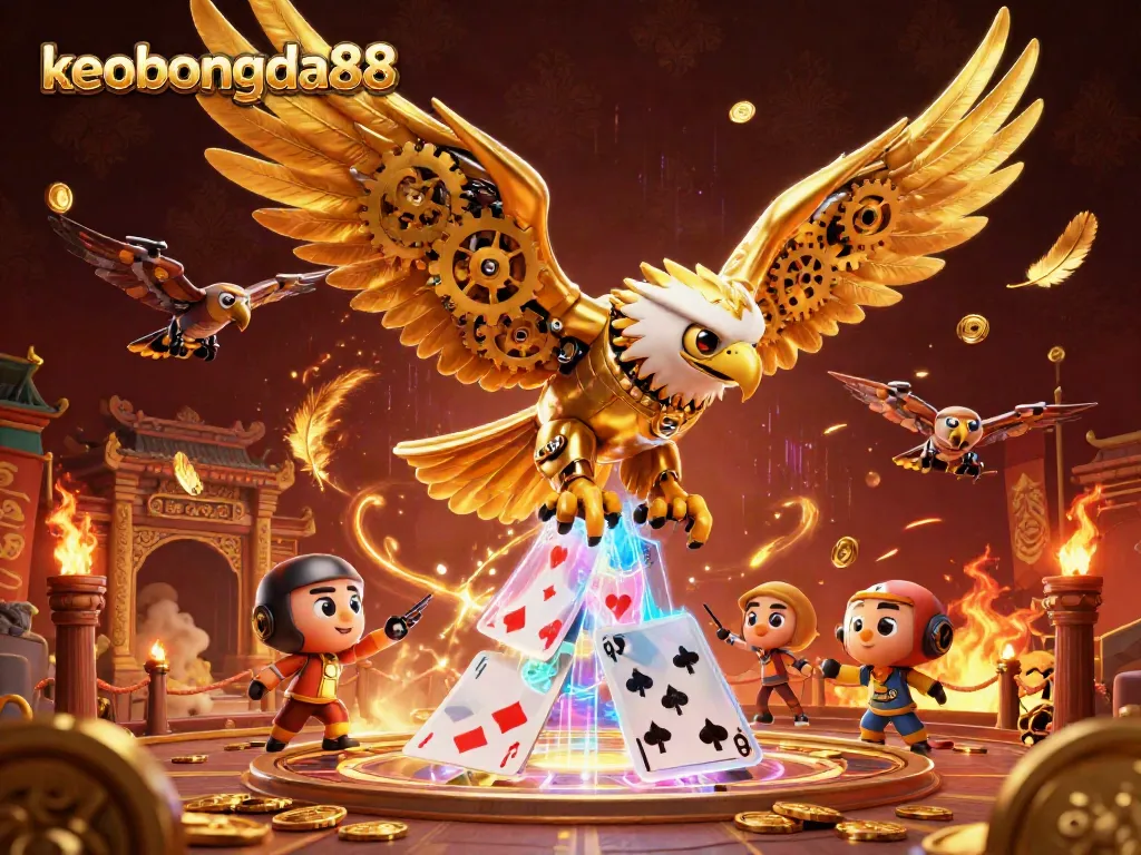 Engage with keobongda88 in a vibrant casino-themed scene featuring a cybernetic eagle among holographic cards.