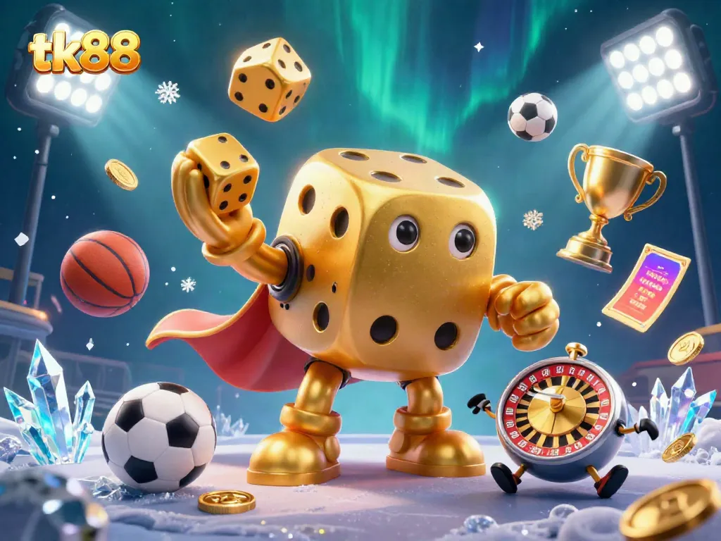 tk88 showcases a vibrant 3D illustration of a dice golem juggling golden dice amidst dynamic sports elements, emphasizing gambling excitement.