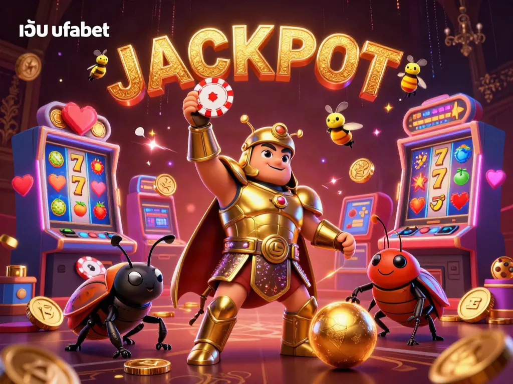 Spin to win with เว็บ ufabet in this exciting 3D illustration of a victorious beetle and slot machines.