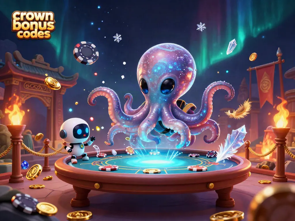 Engage with crown coins bonus codes in this vibrant casino scene featuring an alien octopus at a poker table.