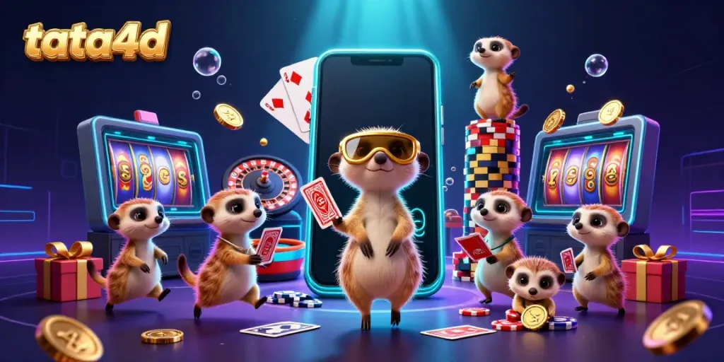 Experience thrilling gameplay at tata4d with vibrant slot games and animated meerkat characters in a lively casino.