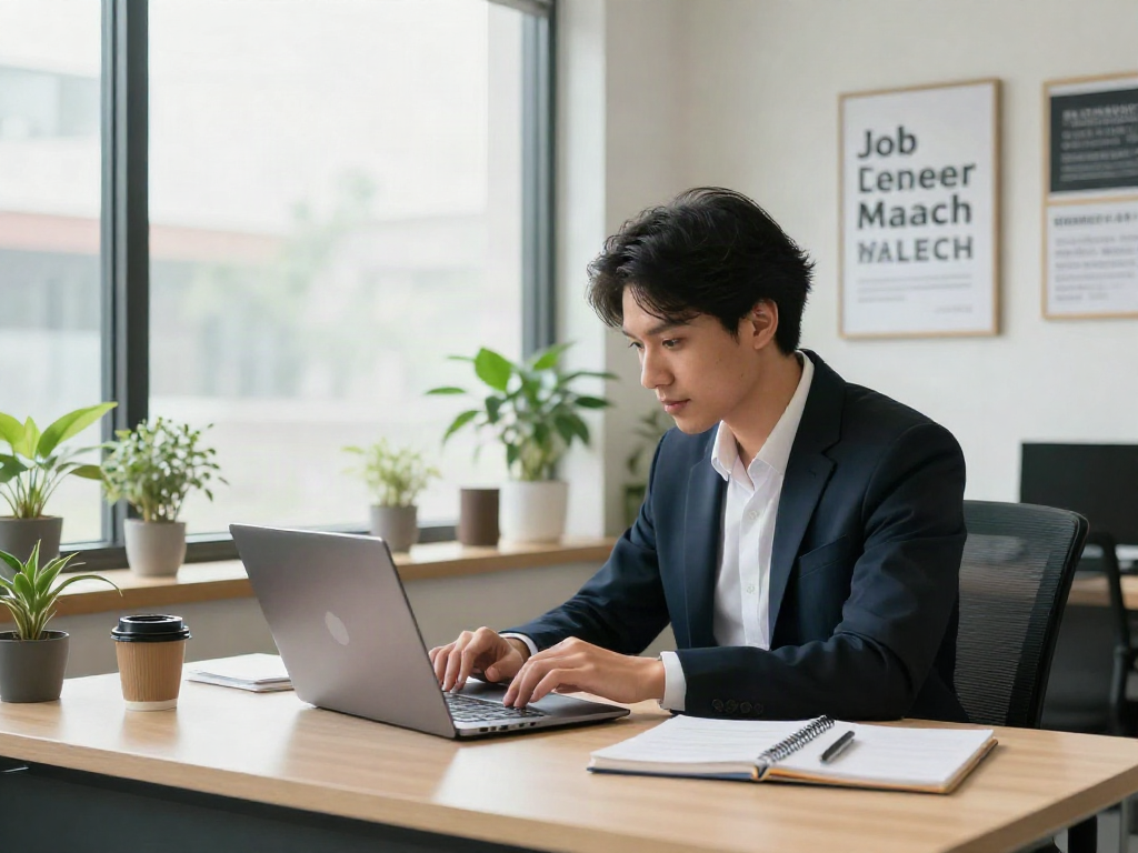 Dynamic job search environment focusing on หางาน with an individual researching opportunities.