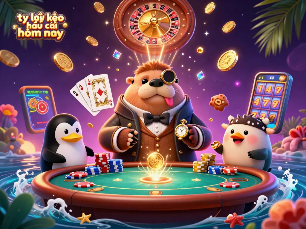 Tỷ lệ kèo nhà cái hôm nay showcased with cartoon walrus, penguin dealer, pufferfish player amidst casino elements