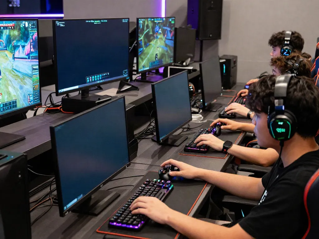 Exciting gaming competition on Luxury111 showcasing diverse players engaged in online battles with high-tech equipment.