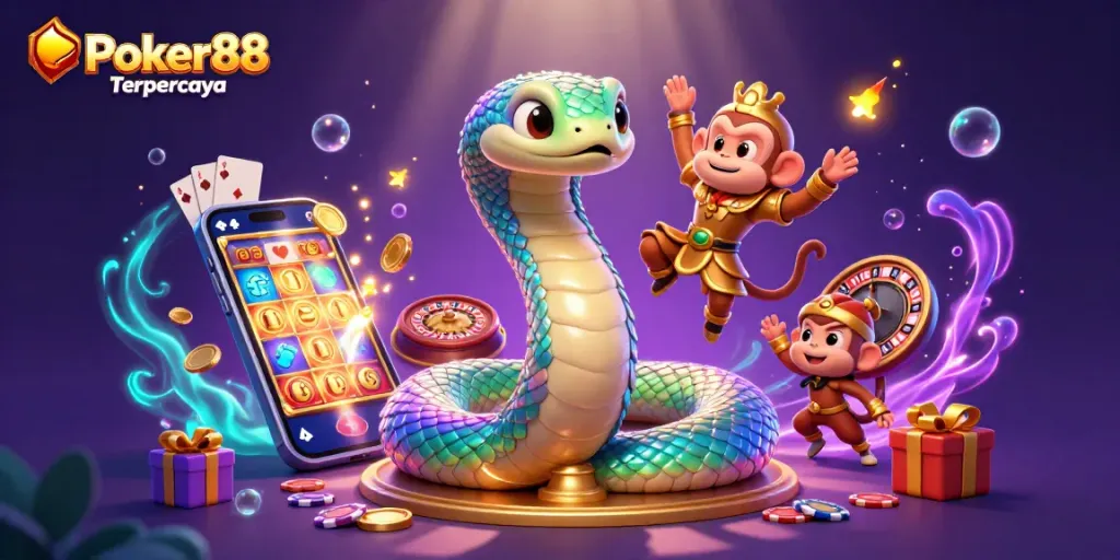 Experience the excitement of Poker88 Terpercaya with vibrant visuals, shimmering colors, and dynamic casino elements.