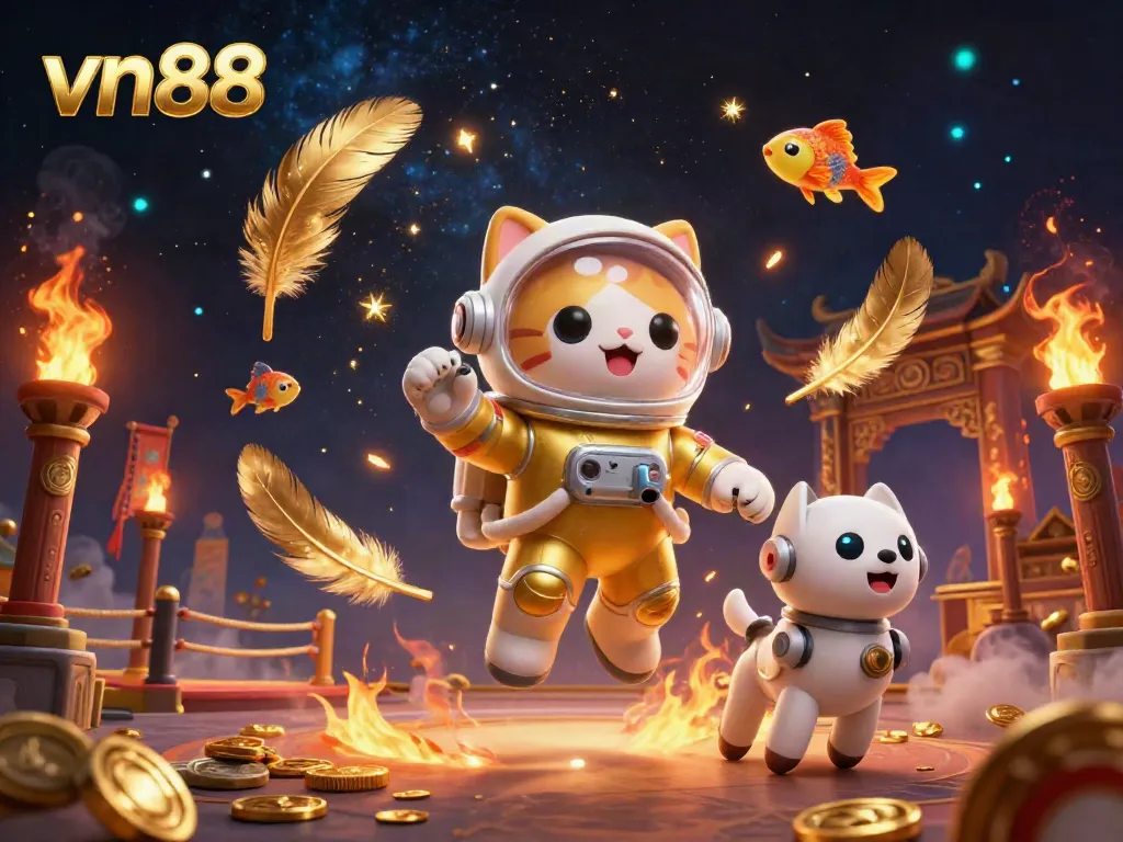 Experience the excitement of vn88 with a dynamic scene featuring a golden astronaut cat and a robot dog amidst cosmic treasure.