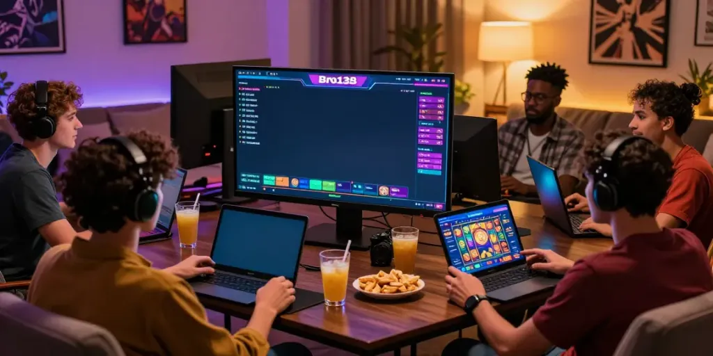 Friends enjoying the Bro138 online gaming experience in a cozy setting.