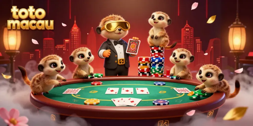 Permainan togel toto macau yang seru dengan koloni meerkat mengoperasikan kasino yang meriah.