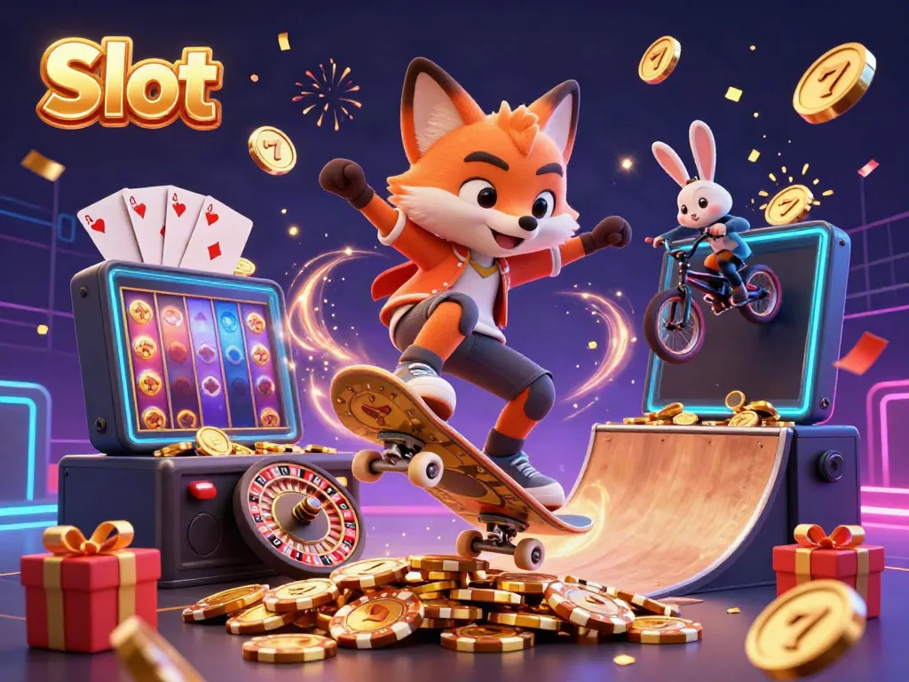 Engage in the thrilling world of Slot machines with this vibrant illustration showcasing a skateboarder fox and BMX rabbit.