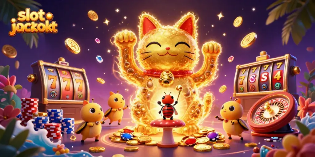 Engage with a vibrant slot jackpot scene featuring a giant lucky cat and dynamic casino elements.