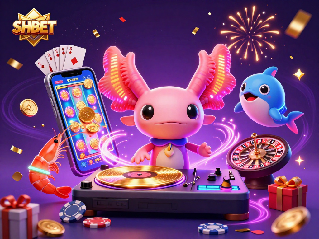 Experience the vibrant SHBET casino world with a neon-colored axolotl DJ and festive shrimp dancers.