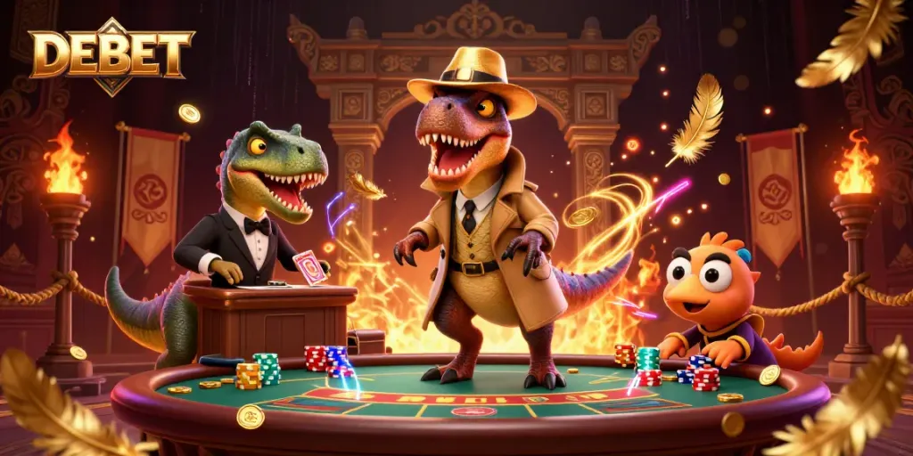 DEBET card counter velociraptor stealthily plays blackjack with a suspicious stegosaurus pit boss.